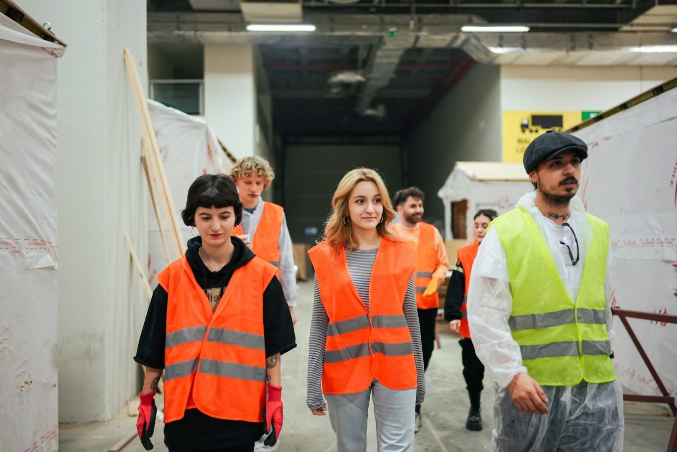 Groep jonge mensen in veiligheidsvesten loopt door een bouwplaats met bouwmaterialen.